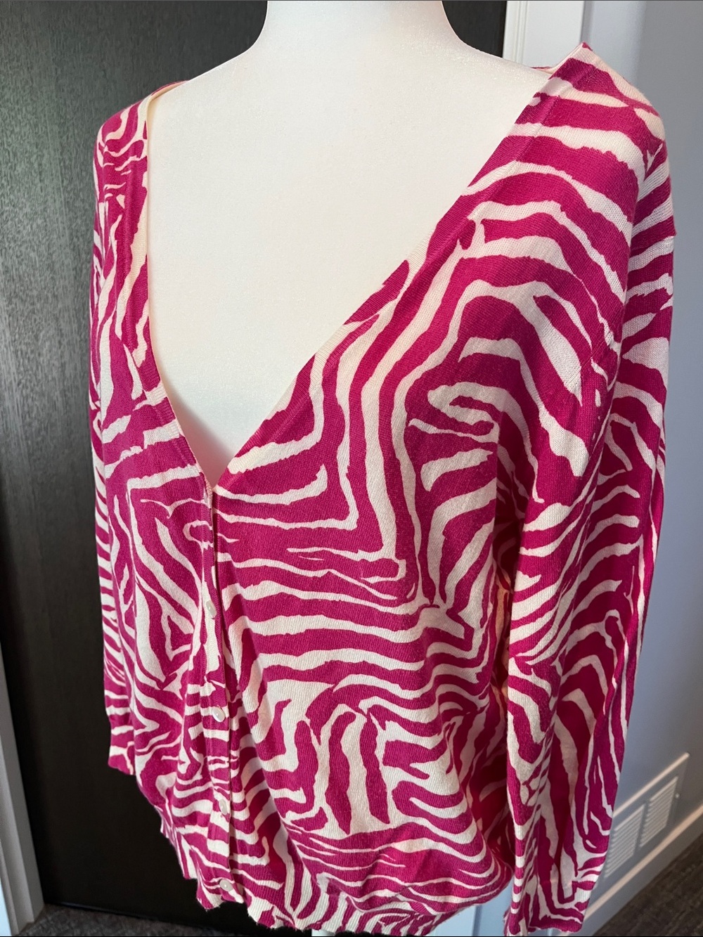 LOFT Pink and Cream Zebra Stripe Lightweight Cardigan-Size Large